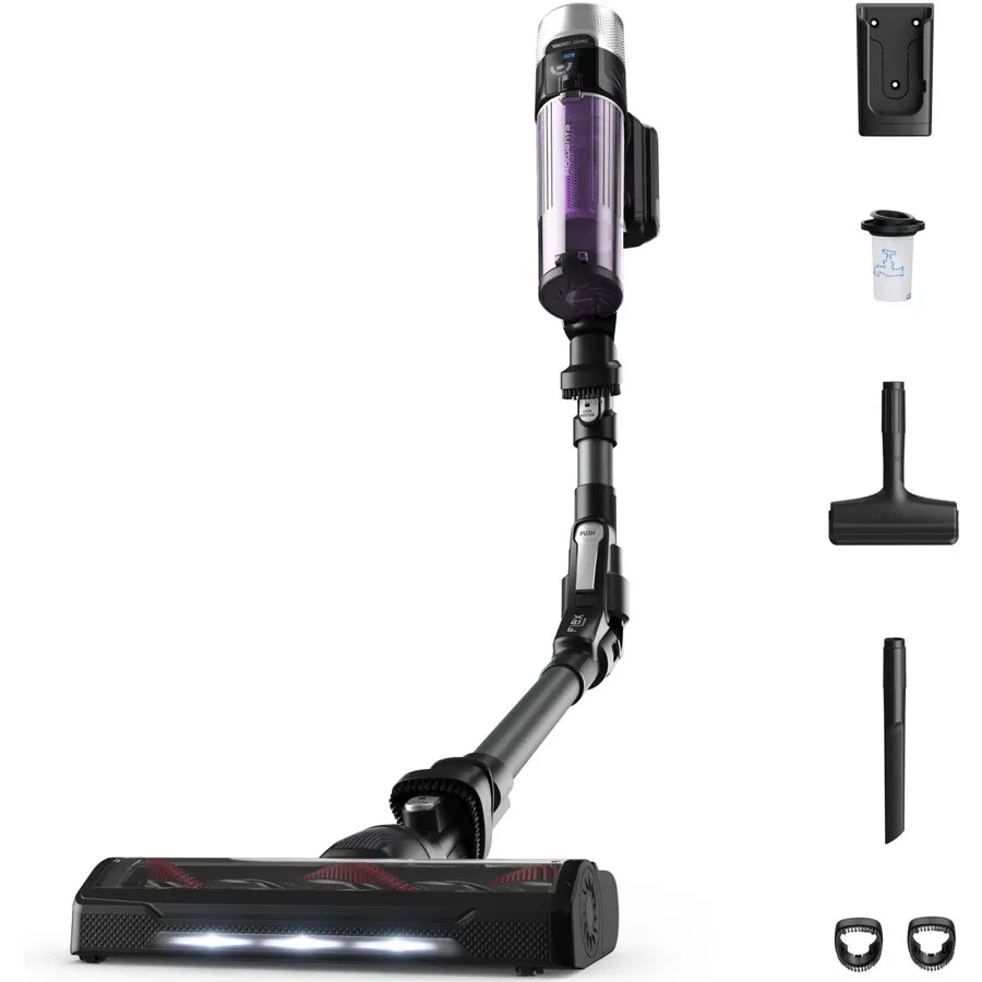 Rowenta Aspirator vertical fara fir Rowenta X-Force Flex 9.60 Allergy RH2038WO, 250W, 18.5V, autonomie 45 min, filtrare 99.9%, recipient praf 0.44 L, tub flexibil, perie cu iluminare LED, panou SmartControl, suport de perete cu incarcare, violet & negru