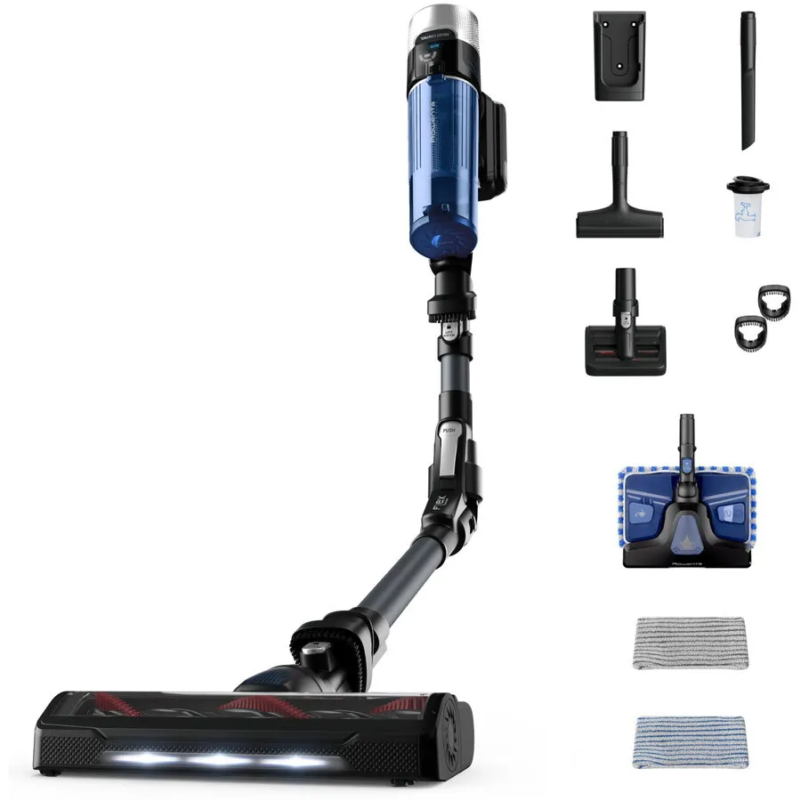 Rowenta Aspirator vertical fara fir Rowenta X-Force Flex 9.60 Aqua RH20C7WO cu functie de mop, 250W, 18.5V, autonomie 45 min, filtrare 99.9%, recipient praf 0.44 L, tub flexibil, perie cu LED, panou SmartControl, suport de perete cu incarcare, gri & alba