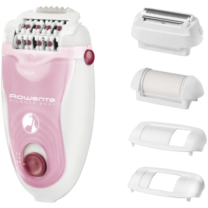 Rowenta Epilator Rowenta Silence Soft EP5640D1, 2 viteze, 24 pensete, 4 accesorii - zona inghinala & axile & ras & exfoliere, cap de epilare si accesorii lavabile, tehnologie avansata micro-contact, sistem silentios, alb/roz