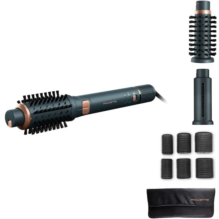 Rowenta Perie rotativa cu aer cald, Rowenta Air Rotate UB9920E0, 1300W, 4 trepte viteza si temperatura, geanta de transport, generator de ioni, invelis ceramic, varf rece, verde/bronz