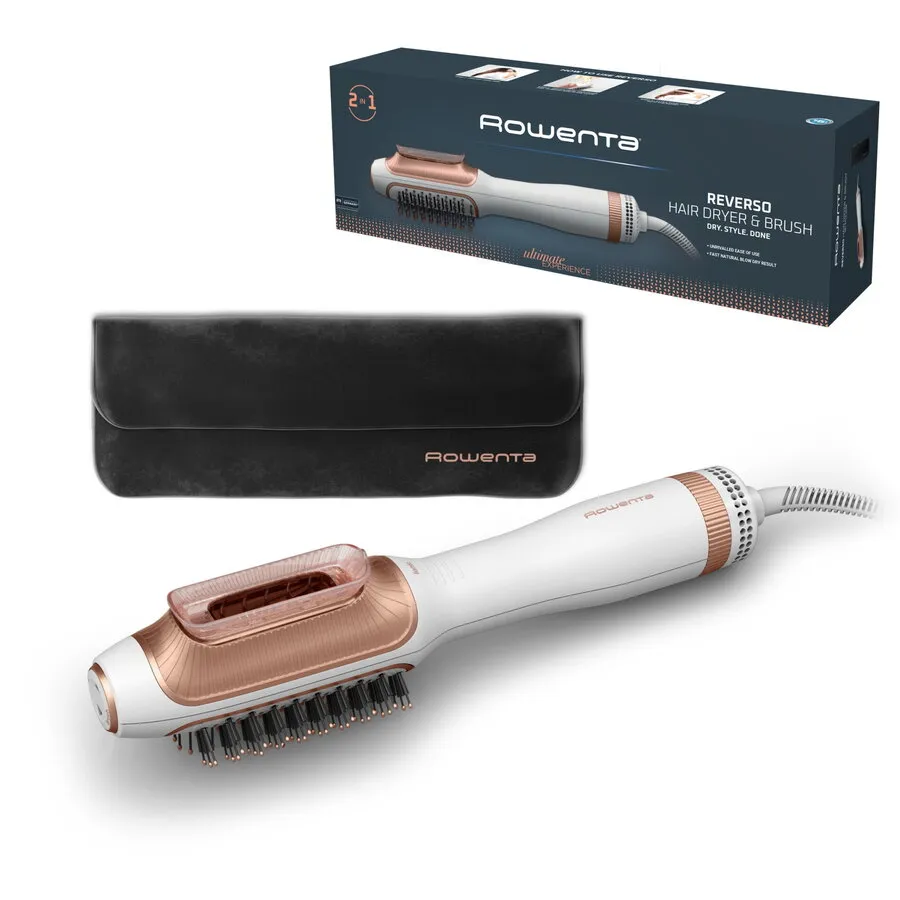 Rowenta Uscator de par si perie cu aer cald Rowenta Reverso 2 in 1 CF9820F0, 1200W, 2 trepte de viteza/temperatura, husa transport inclusa, functie Care, alb & auriu