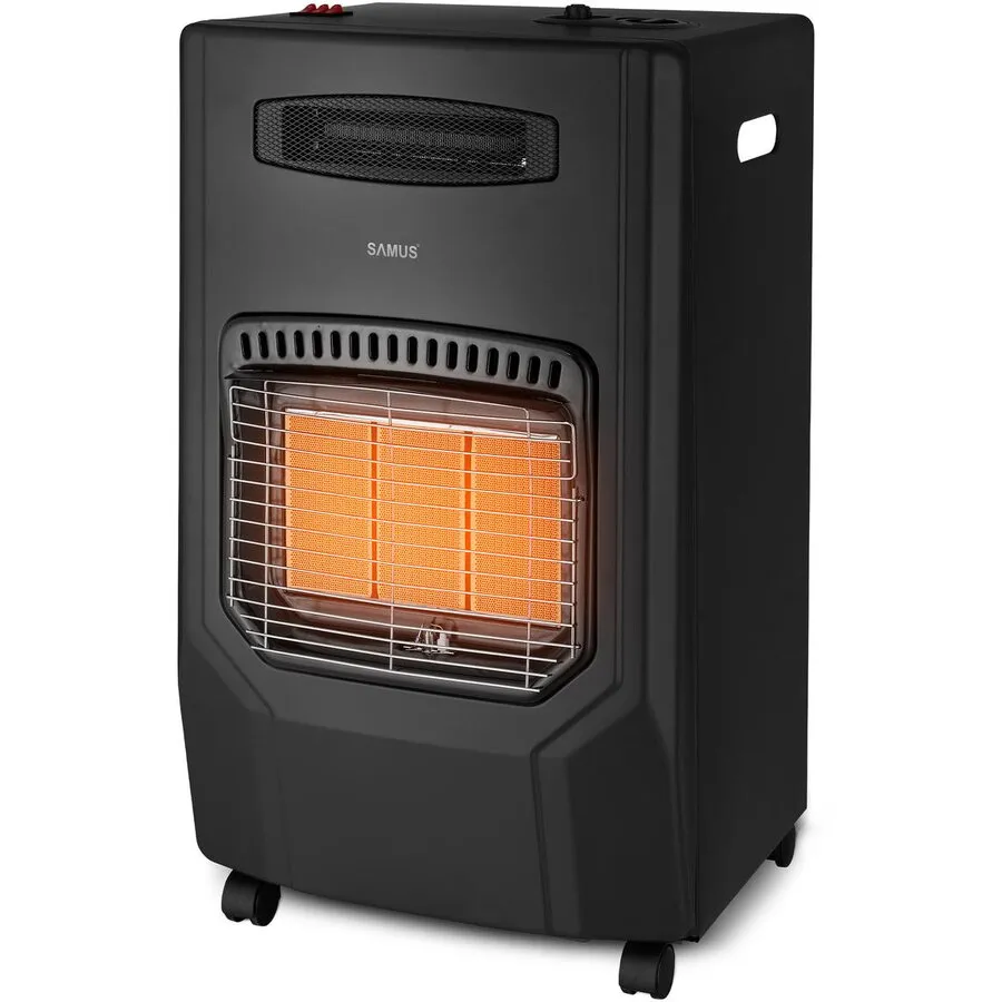 Samus Soba Samus RS425H, 3 trepte de putere 1.5 / 2.8 / 4.2 kW, Aprindere piezoelectrica, gaz + ventilator, GPL / Butan / Propan, Arzator infrarosu cu placi ceramice