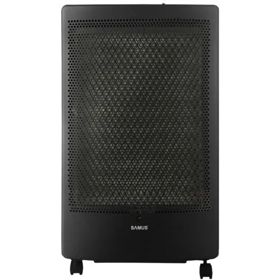 Samus Soba Samus RS426C, Doua trepte de putere: 1.3 kW / 3.0 kW, Aprindere piezoelectrica, Arzator catalitic de clasa superioara, Butelie de gaz de pana la 13 kg, Tip de gaz: GPL / Butan / Propan, Negru
