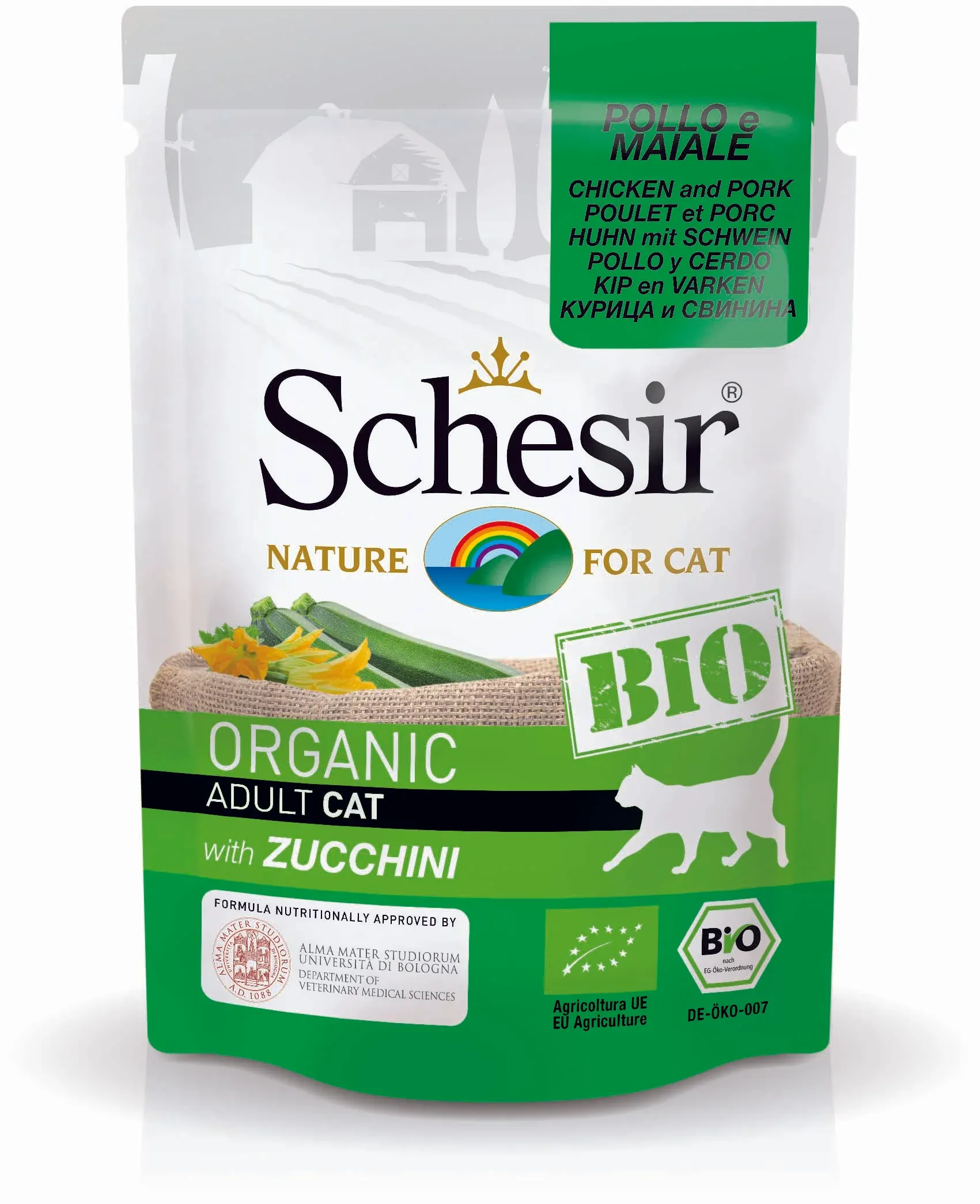 SCHESIR BIO Plic hrană umedă pentru pisici, cu Pui, Porc şi Zucchini 85g