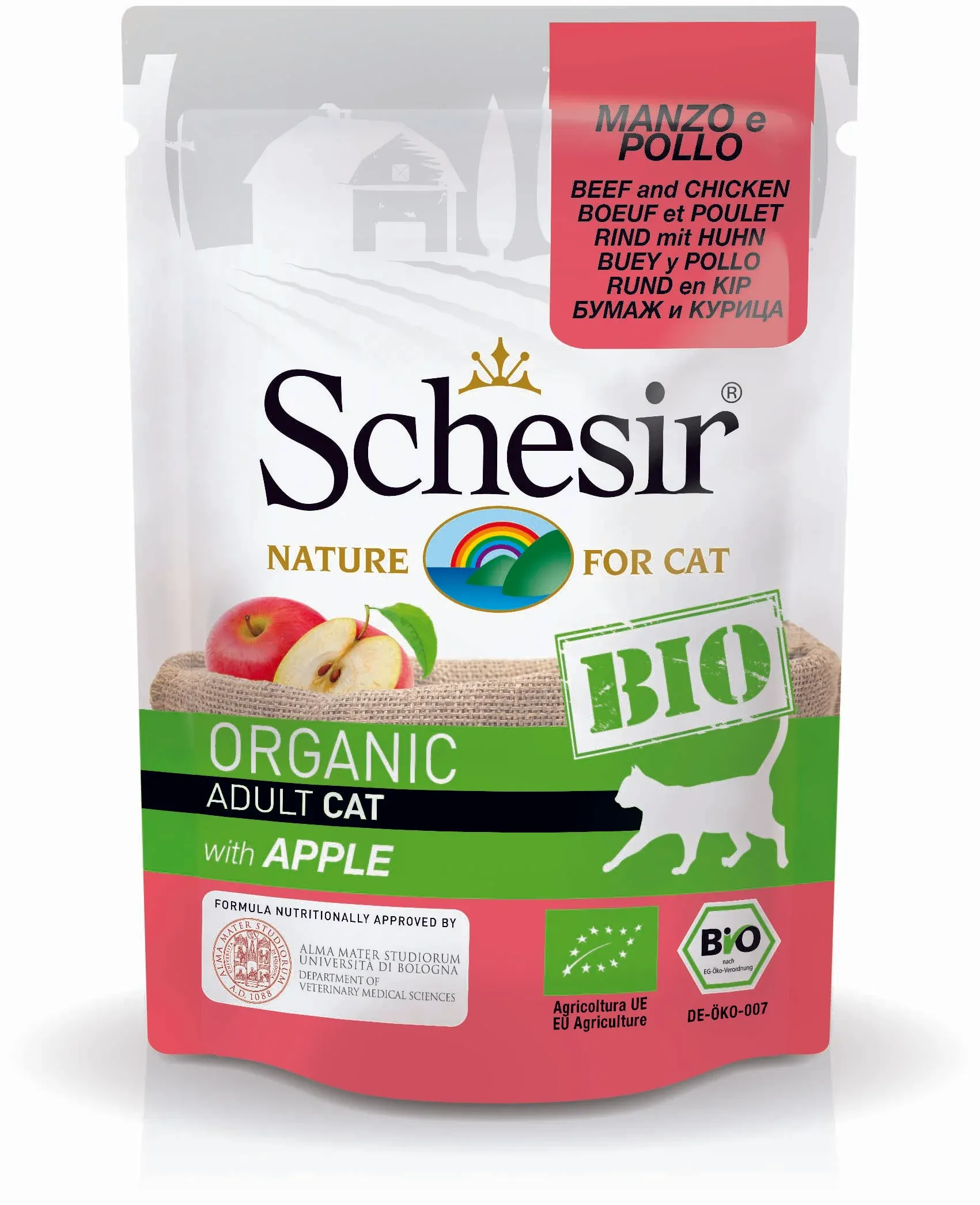 SCHESIR BIO Plic hrană umedă pentru pisici, cu Vită, Pui şi Măr 85g