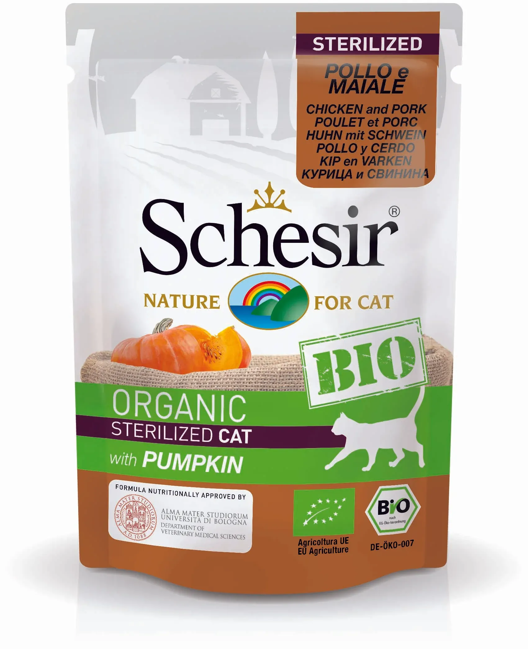 SCHESIR BIO Plic hrană umedă pentru pisici sterilizate, cu Pui/Porc/Dovleac 85g