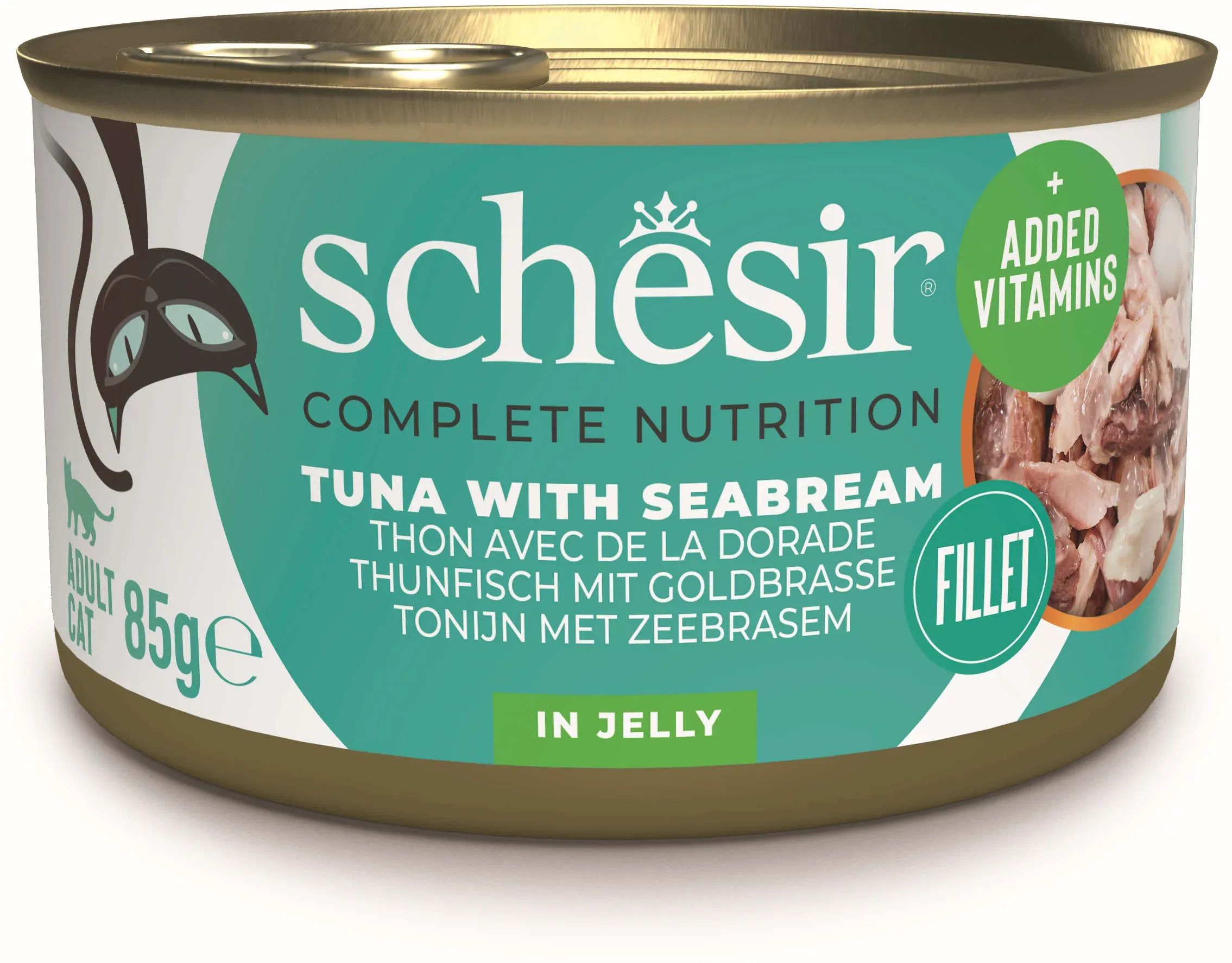 SCHESIR Conservă pentru pisici, cu Ton şi Doradă, în jeleu 85g