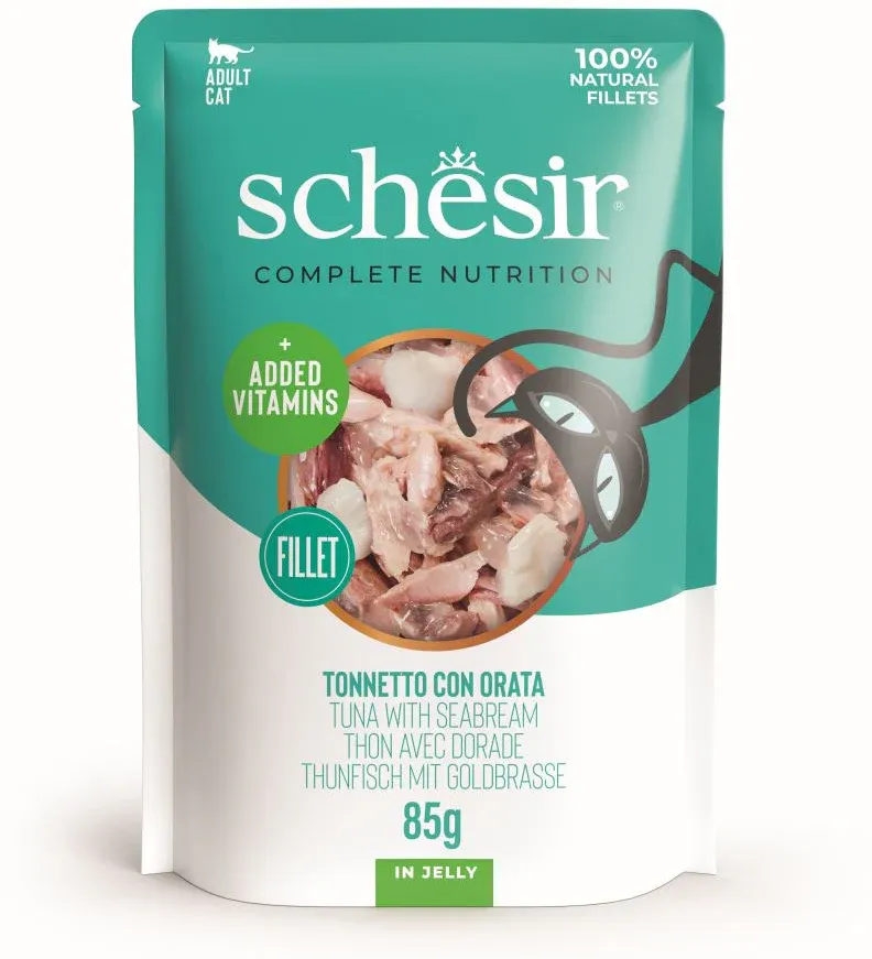 SCHESIR Plic hrană umedă pentru pisici, cu Ton şi Doradă, în jeleu 85g