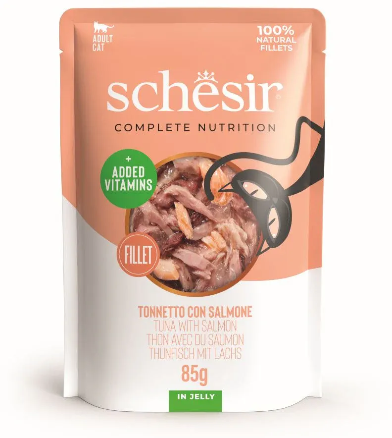 SCHESIR Plic hrană umedă pentru pisici, cu Ton şi Somon, în jeleu 85g
