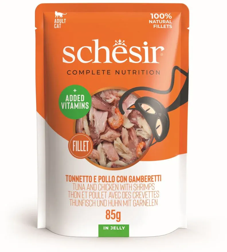 SCHESIR Plic hrană umedă pentru pisici, cu Ton, Pui şi Creveţi, în jeleu 85g