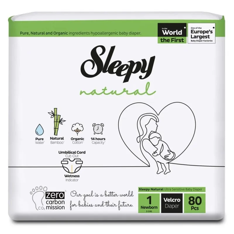 Scutece Bebelusi Sleepy Natural Double, Marimea 1 Newborn, 2-5 kg, 80 Bucati