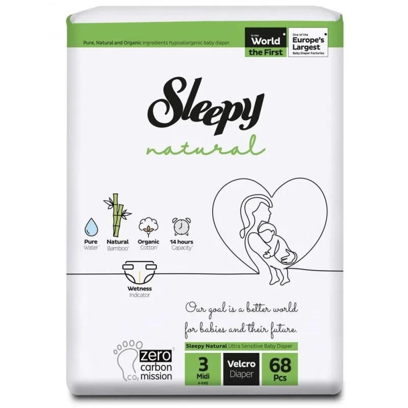 Scutece Bebelusi Sleepy Natural Double, Marimea 3 Midi, 4-9 kg, 68 Bucati