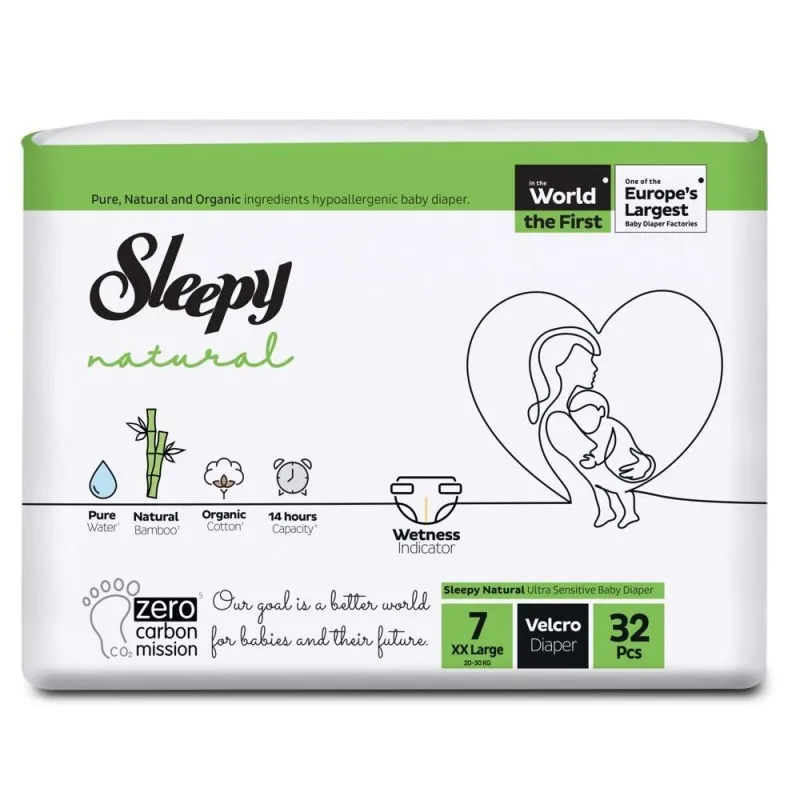 Scutece Bebelusi Sleepy Natural Double, Marimea 7 XXLarge, 20-30 kg, 32 Bucati