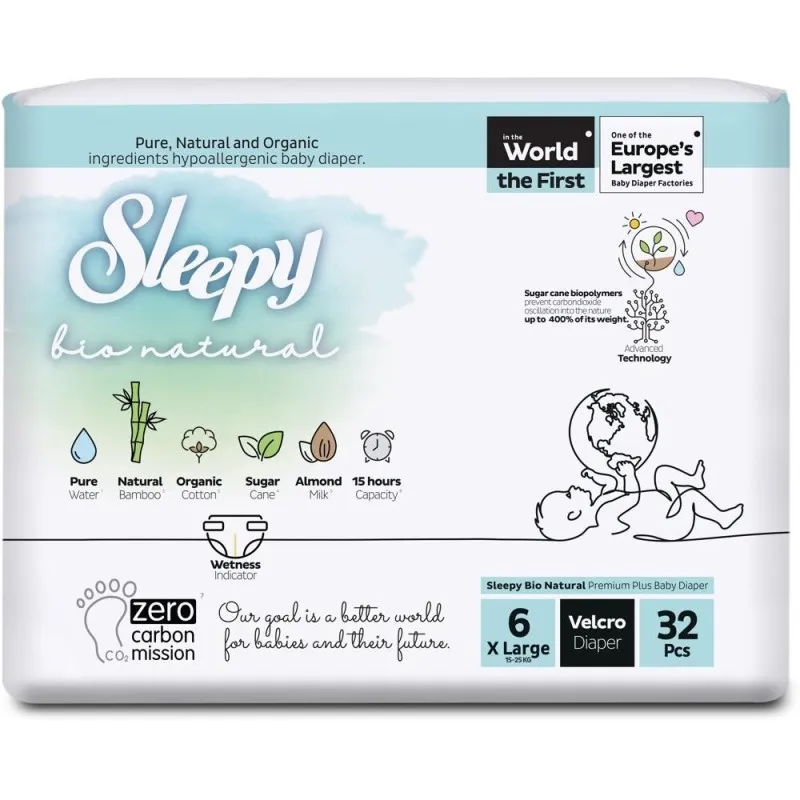 Scutece pentru Bebelusi Sleepy Bio Natural Double- Nr 6, XL, 15-25 kg, 32 Bucati