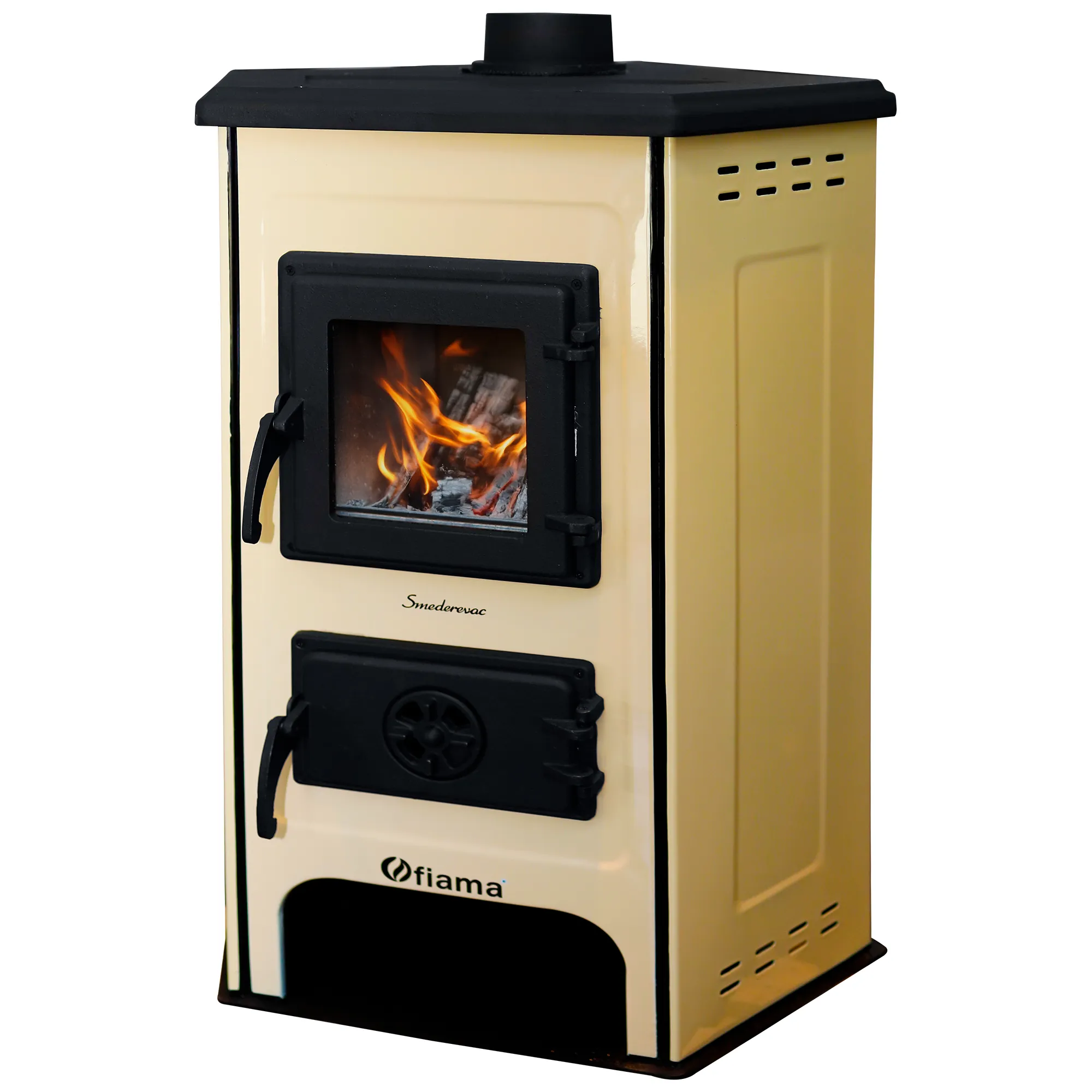 Semineu cu plita din fonta Fiama SD CORNER, pe lemne,brichete si carbune, putere 6 kW, culoare crem