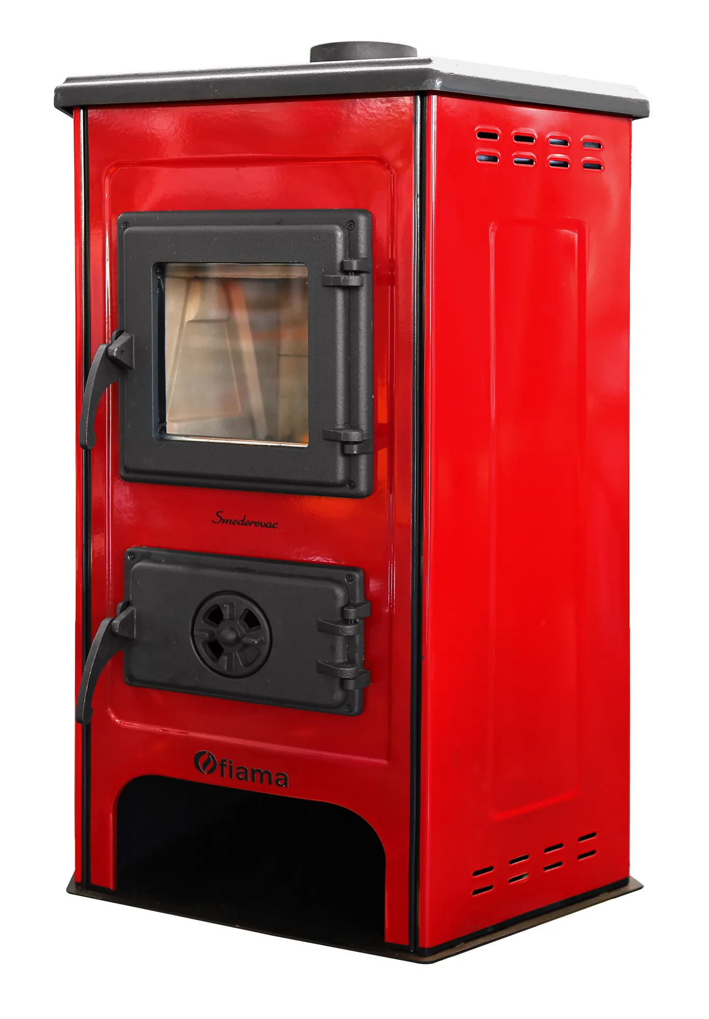 Semineu cu plita din fonta Fiama SD CORNER, pe lemne,brichete si carbune, putere 6 kW, culoare red