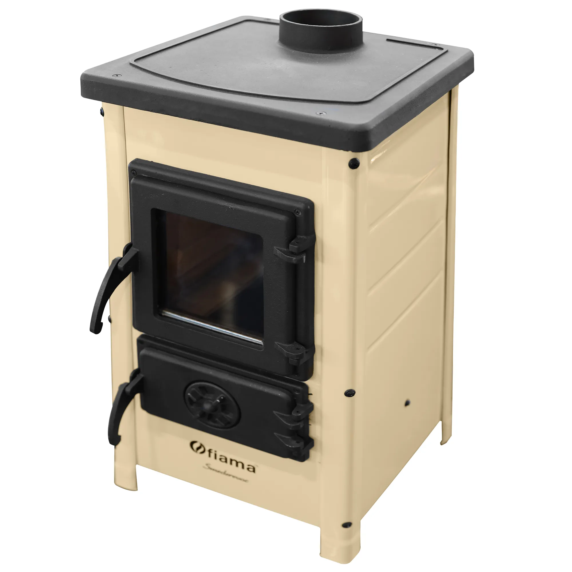 Semineu cu plita din fonta Fiama SD HAPPY, pe lemne,brichete si carbune, putere 6 kW, culoare crem