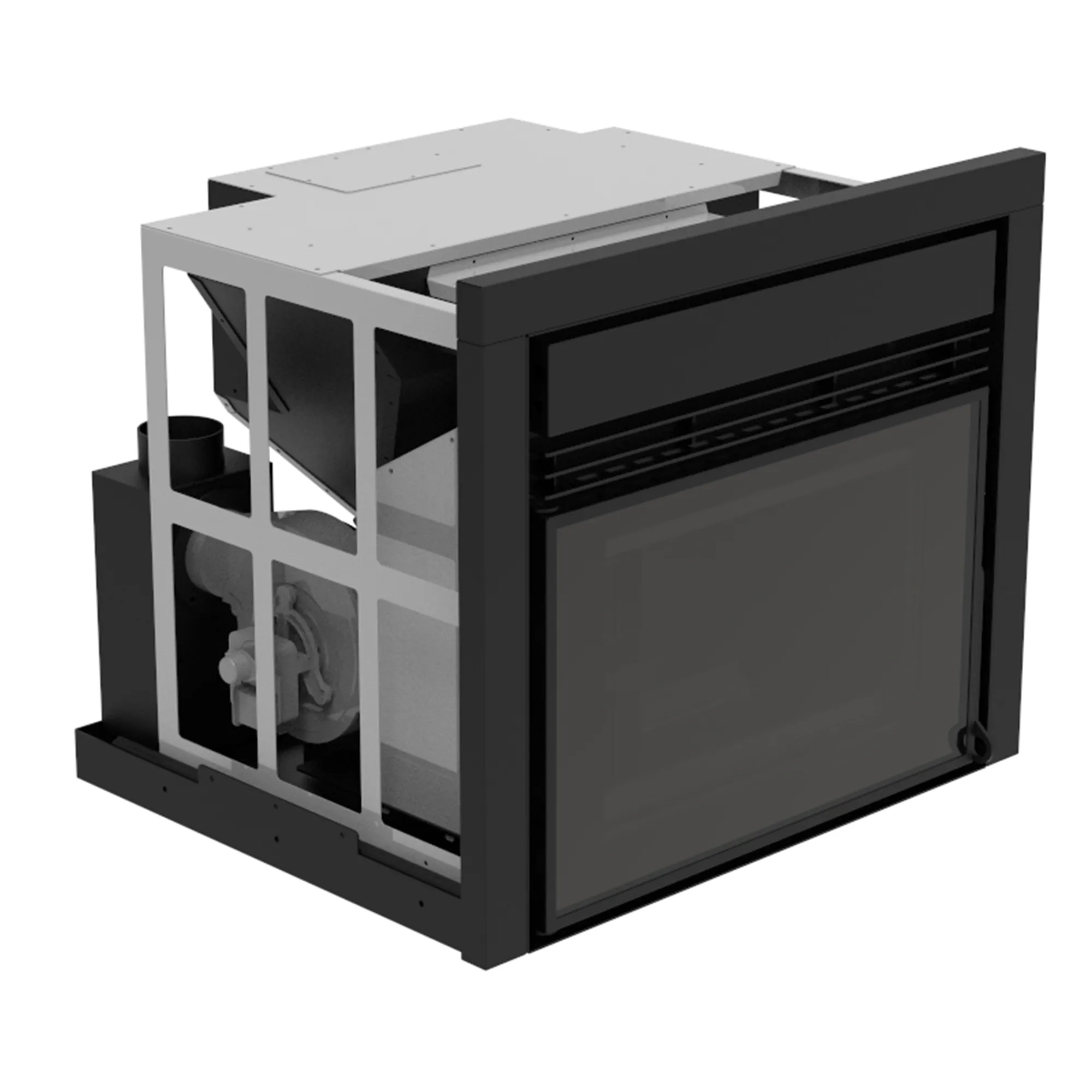 Semineu incastrabil pe peleti cu aer cald Fiama INSERT 11 kw, aprindere electrica, tiraj fortat, wifi, focar din fonta, recomandat pentru 110 mp