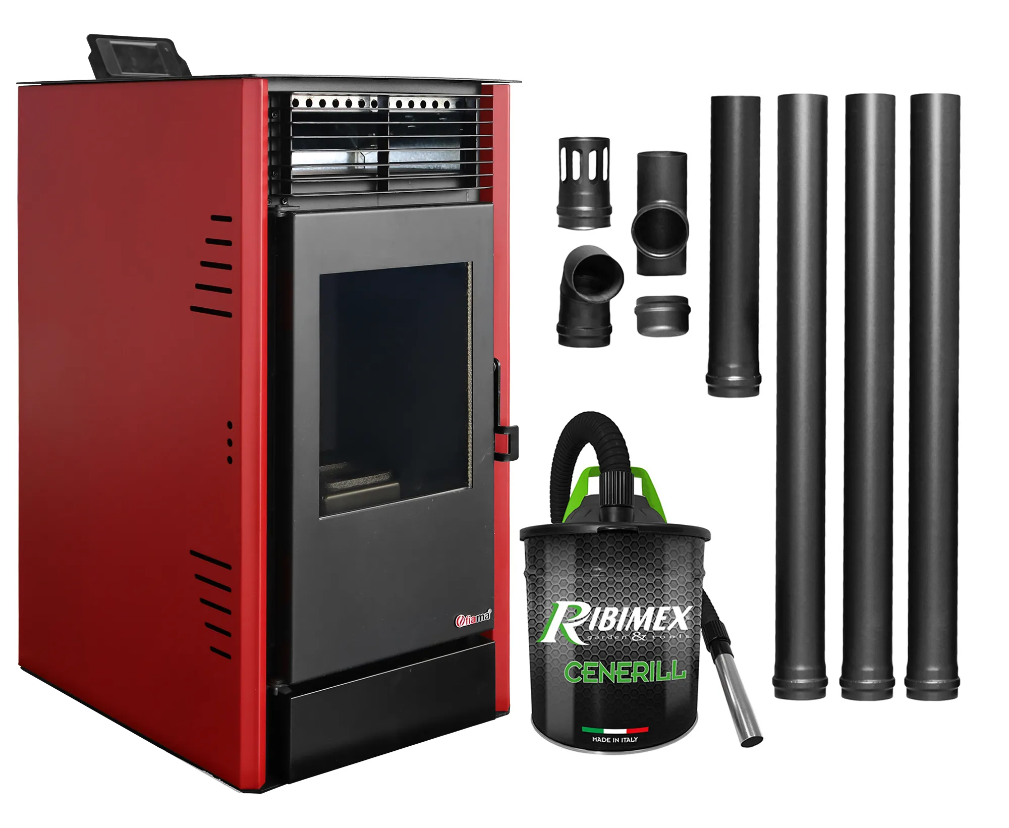 Semineu pe peleti cu aer cald Fiama Fuoco 8 kw, aprindere electrica, tiraj fortat, wifi, focar din fonta, recomandat pentru 75 mp, Bordeaux