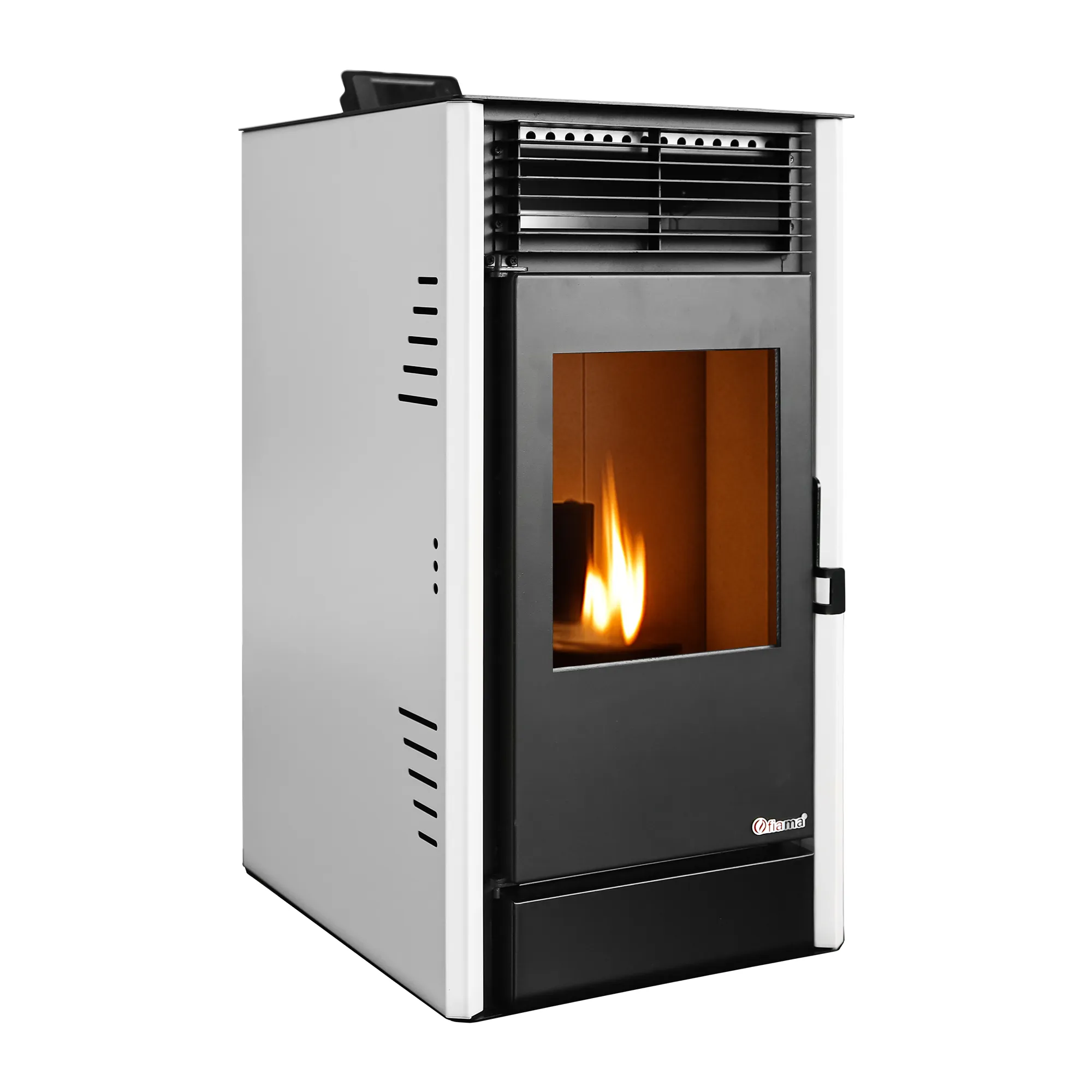 Semineu pe peleti cu aer cald Fiama Fuoco 8 kw, aprindere electrica, tiraj fortat, wifi, focar din fonta, recomandat pentru 75 mp, Alb