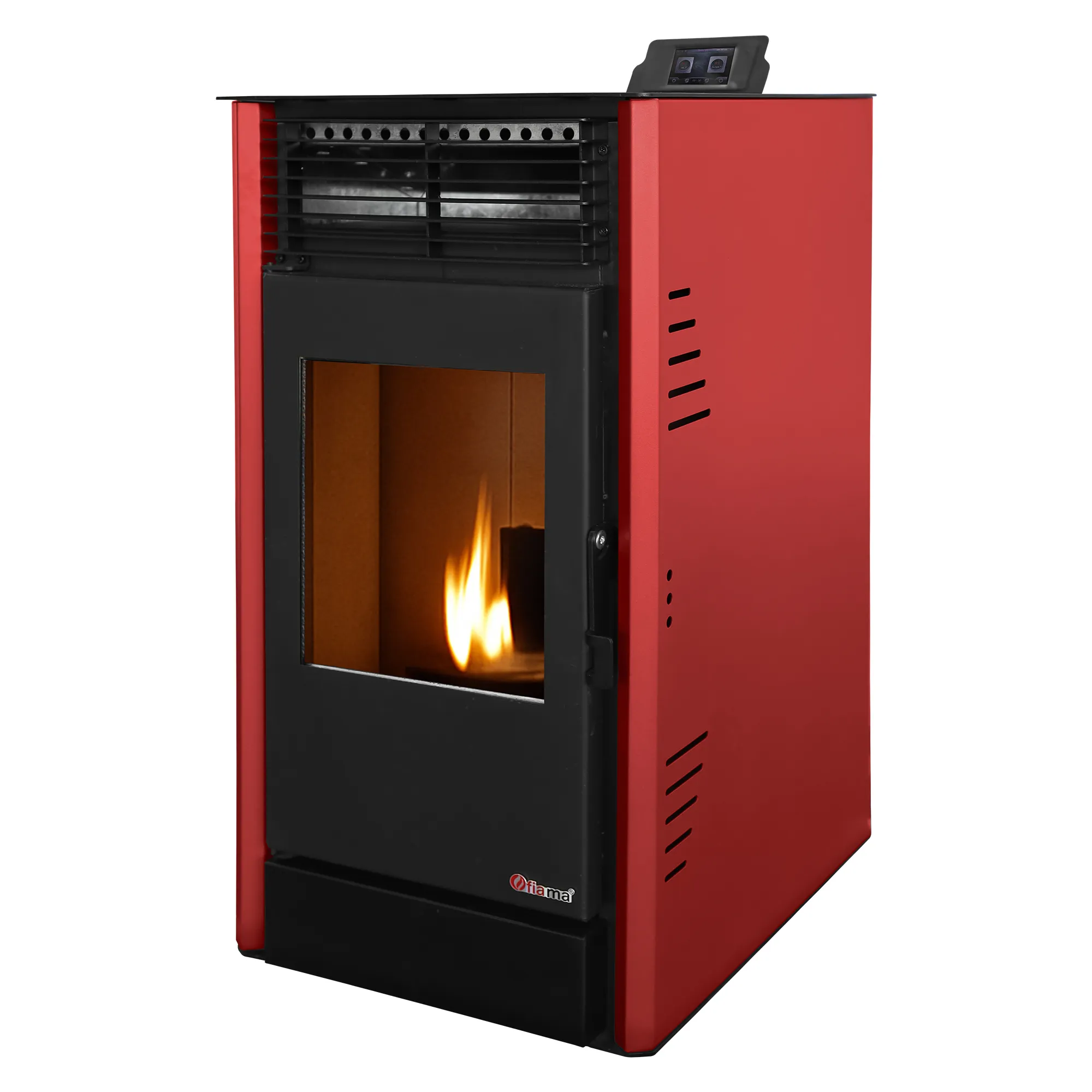 Semineu pe peleti cu aer cald Fiama Fuoco 8 kw, aprindere electrica, tiraj fortat, wifi, focar din fonta, recomandat pentru 75 mp, Bordeaux