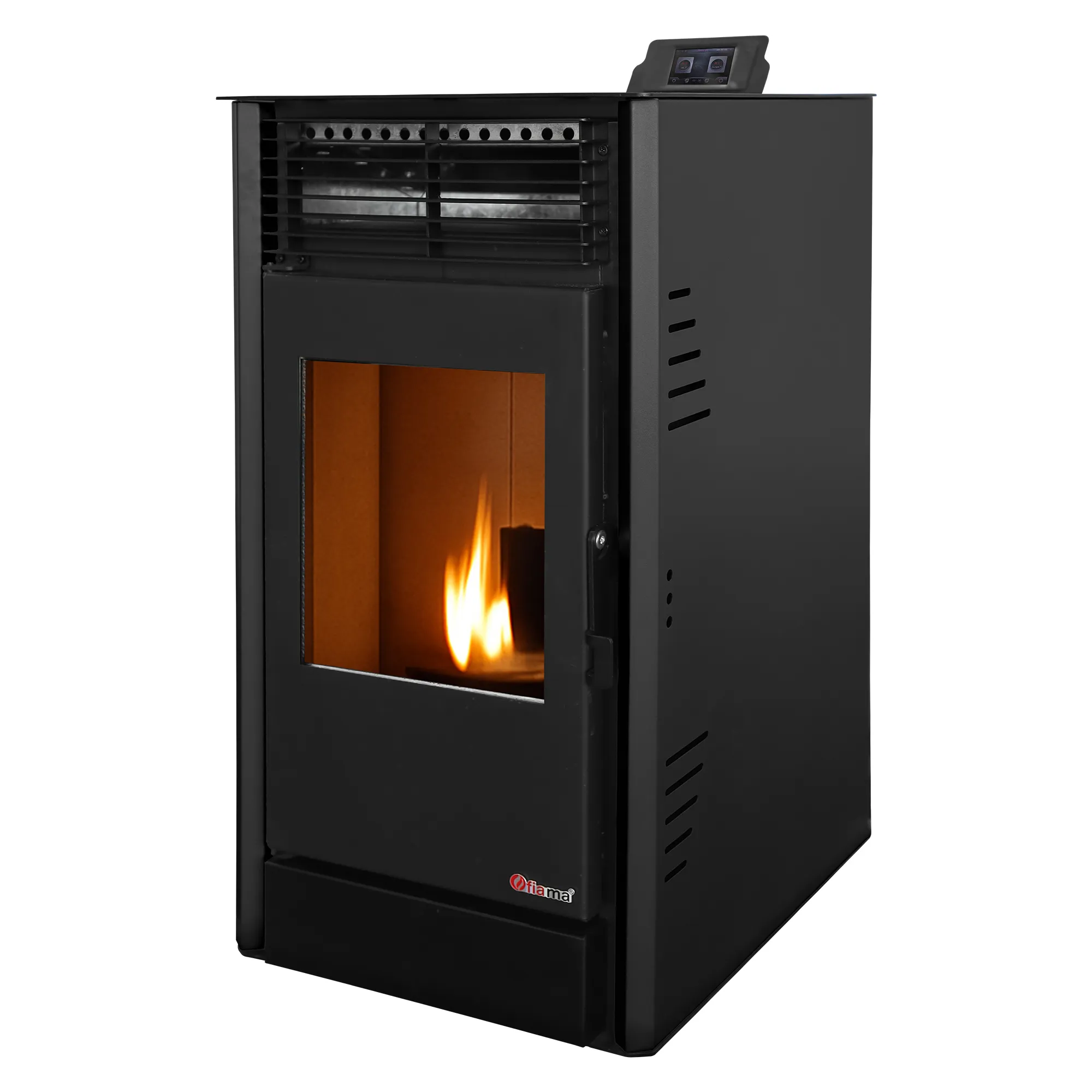 Semineu pe peleti cu aer cald Fiama Fuoco 8 kw, aprindere electrica, tiraj fortat, wifi, focar din fonta, recomandat pentru 75 mp, Black