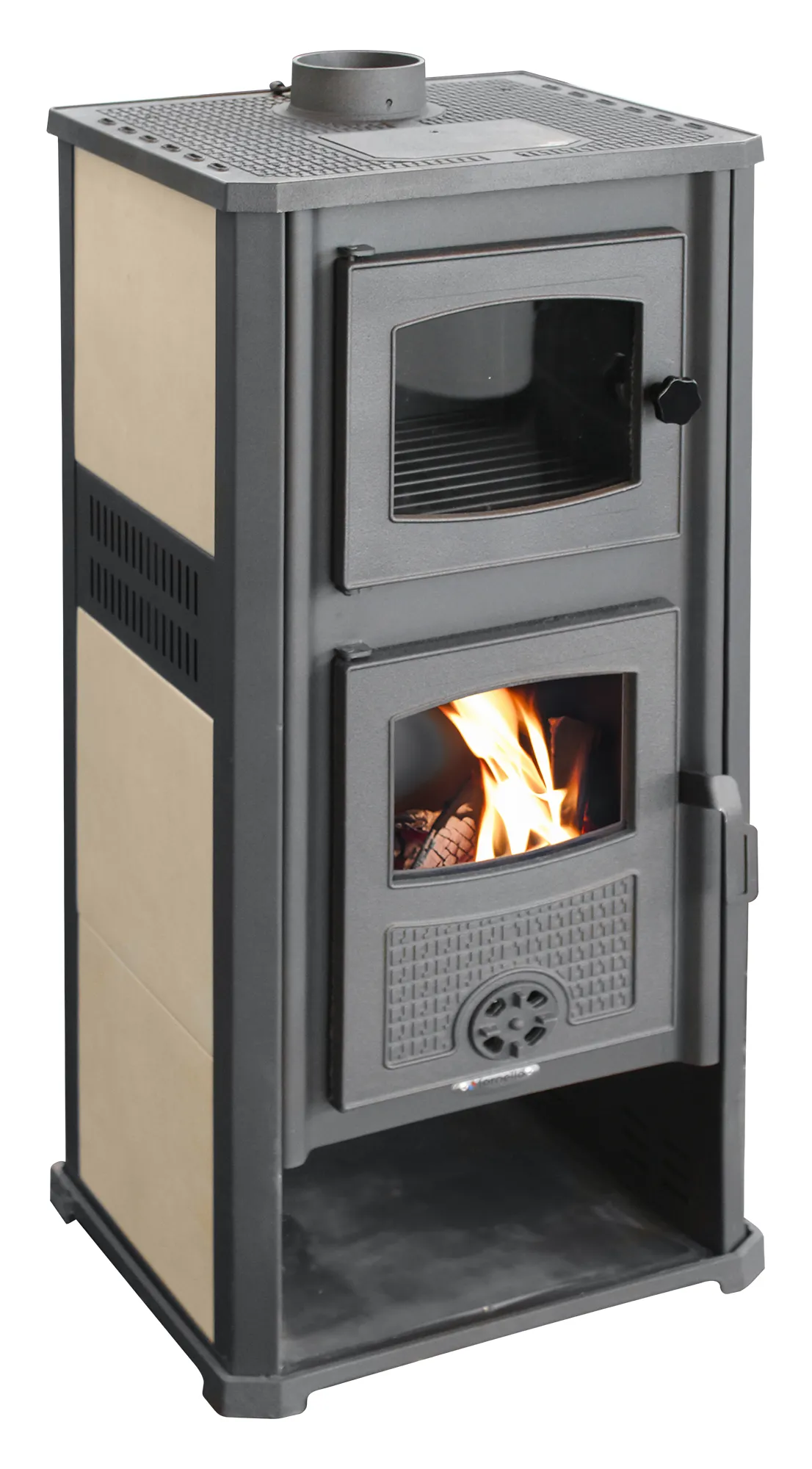 Semineu (Soba) pe lemne Fornello Roma G Ivory 11-13 kW, 490x460x1160 mm, prevazut cu plita si cuptor pentru gatit, gratar ardere din fonta, camera de ardere samotata, plita din fonta, usa din fonta cu geam din sticla termorezistenta