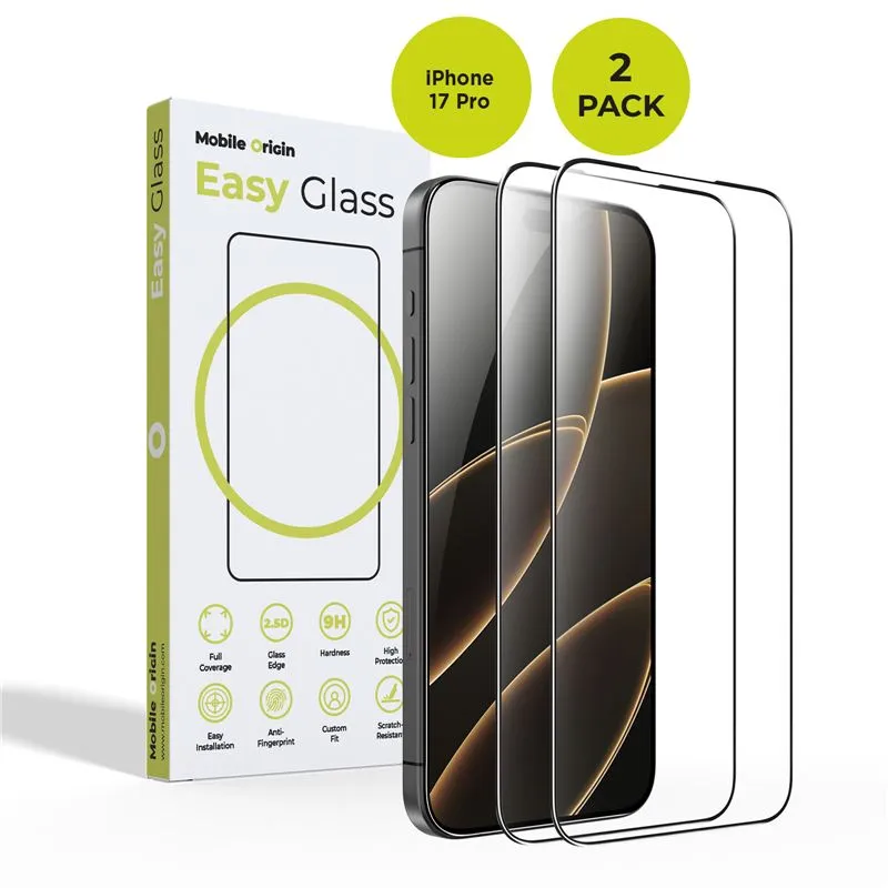 Set 2 folii protectie Mobile Origin EasyGlass, Kit curatare inclus, compatibil cu iPhone 17 Pro, Transparent