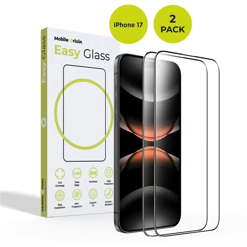 Set 2 folii protectie Mobile Origin EasyGlass, Kit curatare inclus, compatibil cu iPhone 17, Transparent