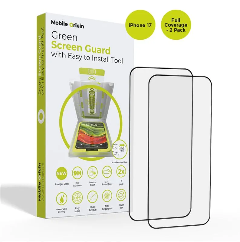 Set 2 folii protectie Mobile Origin Screen Guard, Full Coverage, Kit curatare inclus, compatibil cu iPhone 17, Transparent