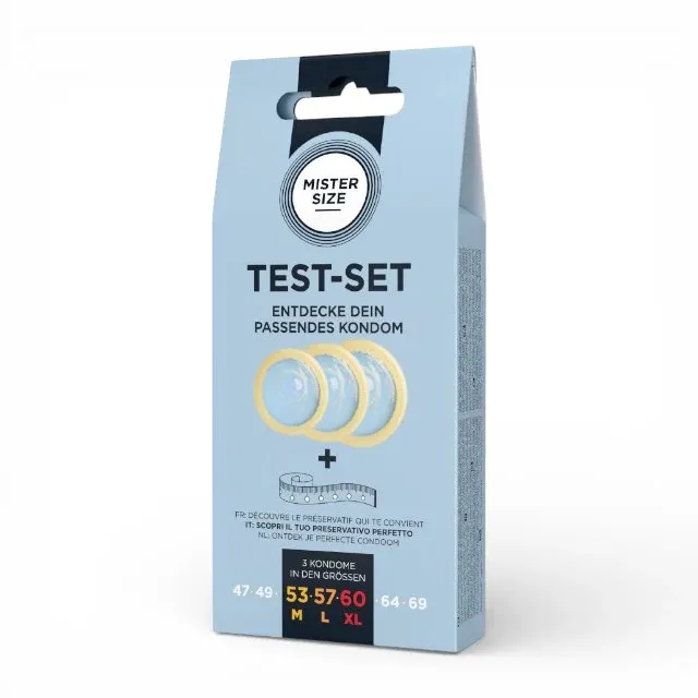 Set 3 prezervative MISTER SIZE Test Set, cu bandă de măsurare, lubrifiate, din latex, diametru 53/57/60 mm