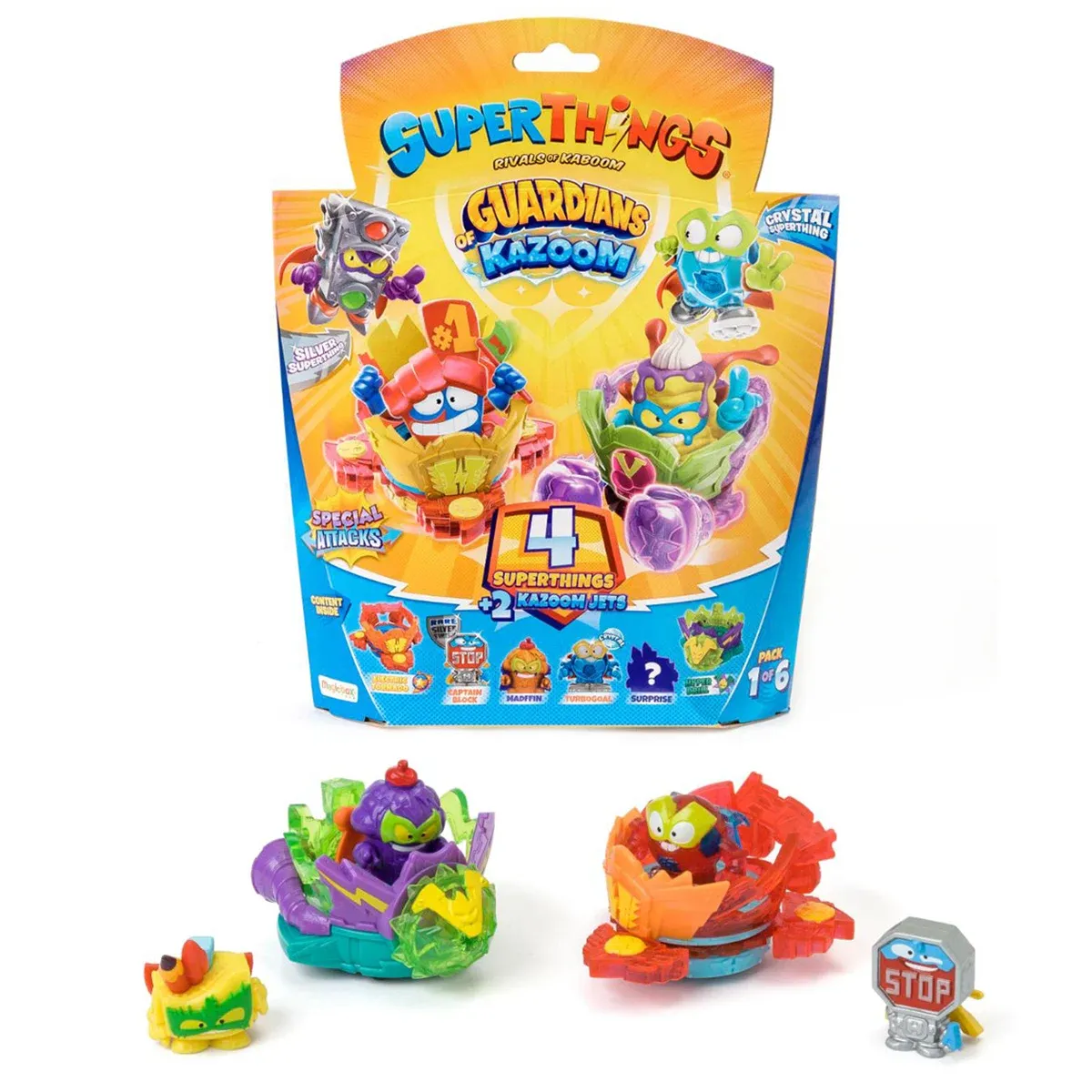 Set 4 figurine si 2 vehicule, SuperThings, Guardians of Kazoom Jet, Albastru