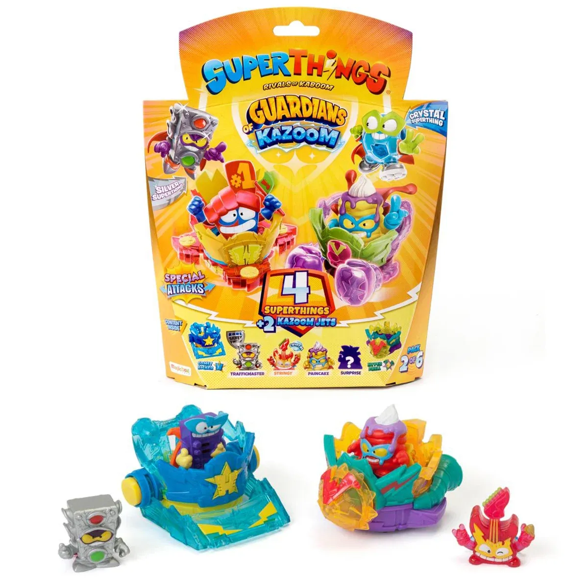 Set 4 figurine si 2 vehicule, SuperThings, Guardians of Kazoom Jet, Galben