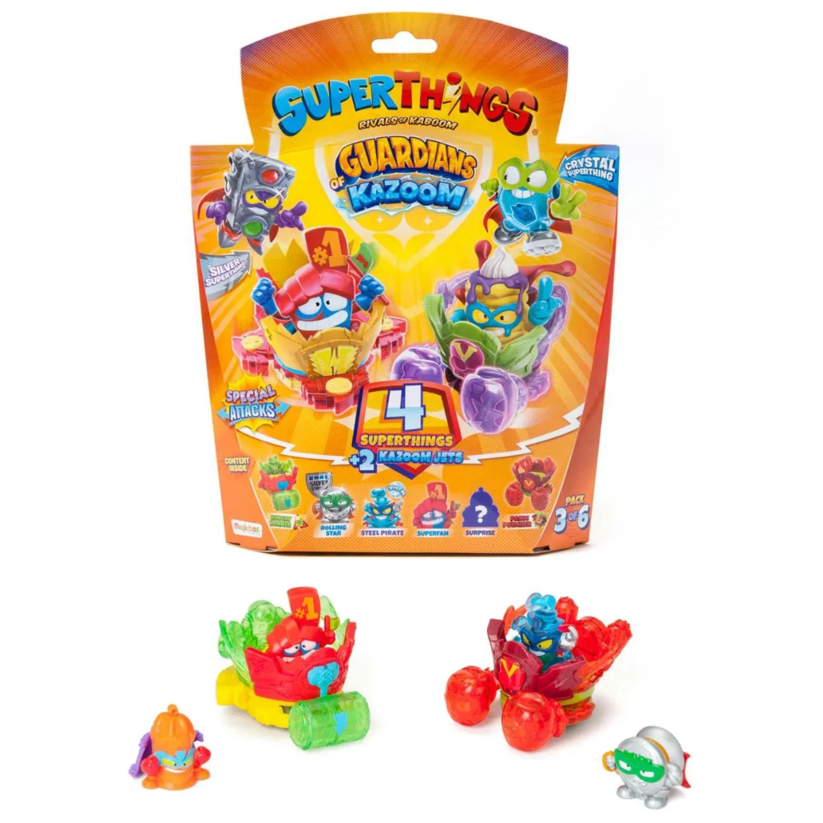 Set 4 figurine si 2 vehicule, SuperThings, Guardians of Kazoom Jet, Portocaliu