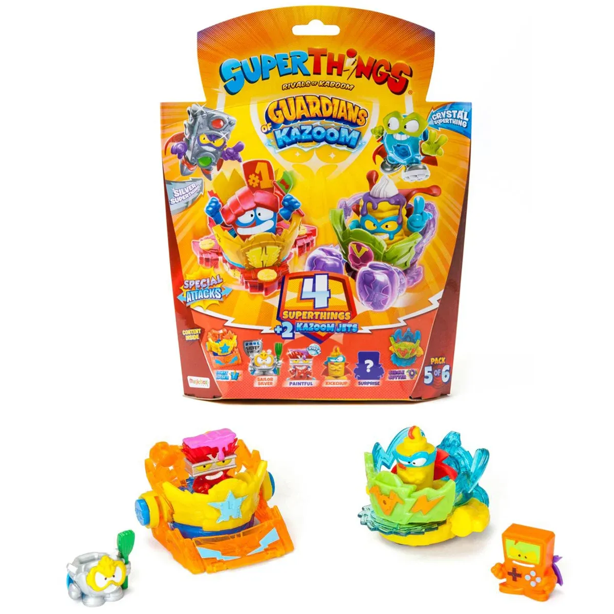 Set 4 figurine si 2 vehicule, SuperThings, Guardians of Kazoom Jet, Rosu