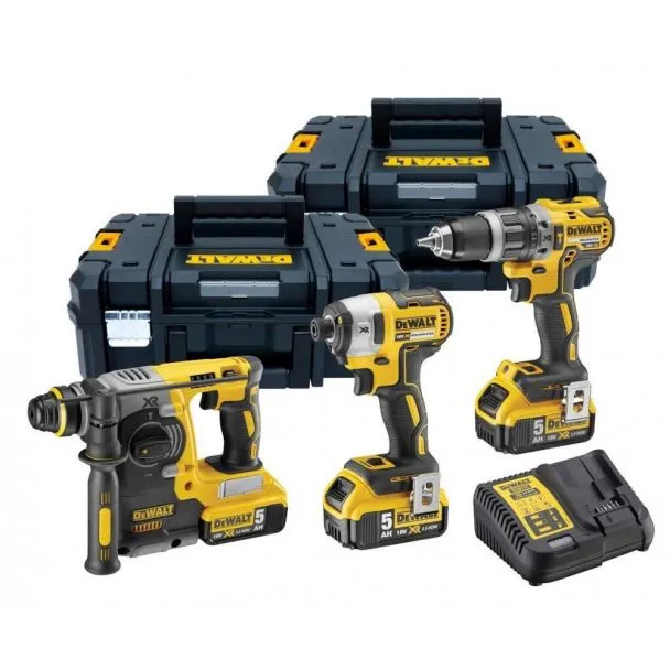 Set combo DeWalt DCK368P3T: ciocan rotopercutor DCH273, masina compacta de gaurit cu percutie DCD796, surubelnita cu impact DCF887, 3 acumulatori Li-Ion 18V 5.0Ah, incarcator, 2 cutii de transport TSTAK II