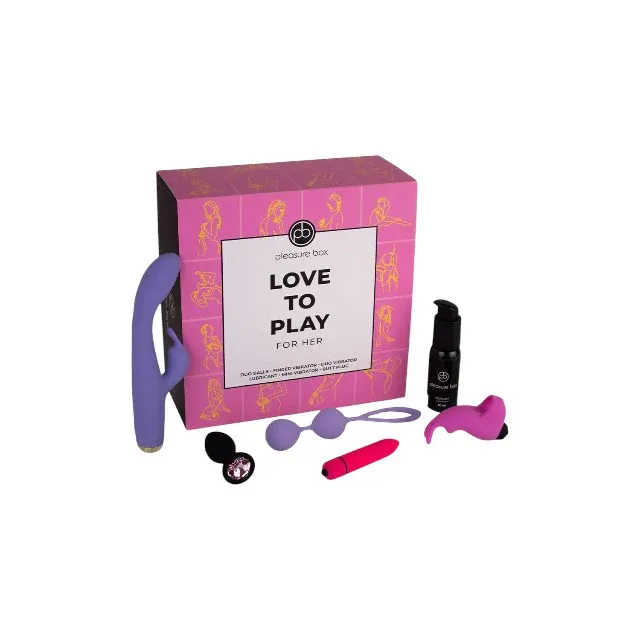 Set erotic DREAMTOYS Pleasure Box - Love To Play For Her, cu vibrator rabbit, vibrator pentru deget, bile kegel și plug anal (cutie roz)