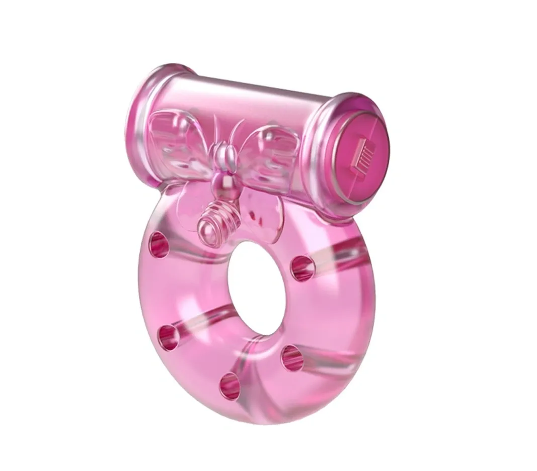 Set Inel de Penis Butterfly cu Vibratii si Prezervativ, TPR, Roz