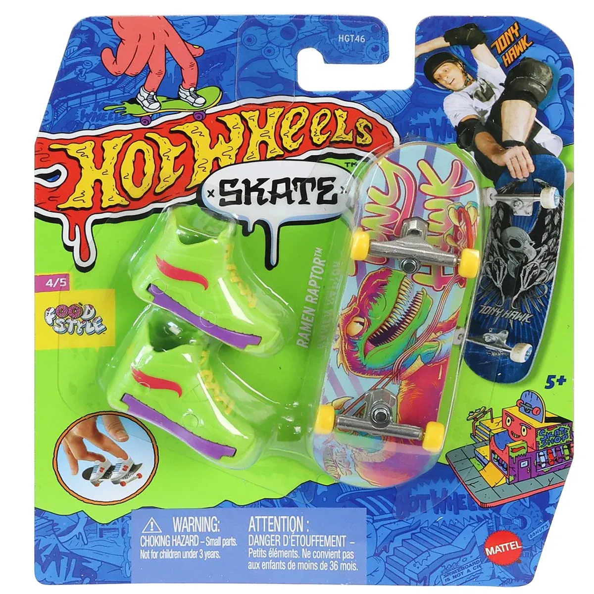 Set mini placa skateboard cu pantofi, Hot Wheels, Ramen Raptor, HVJ92
