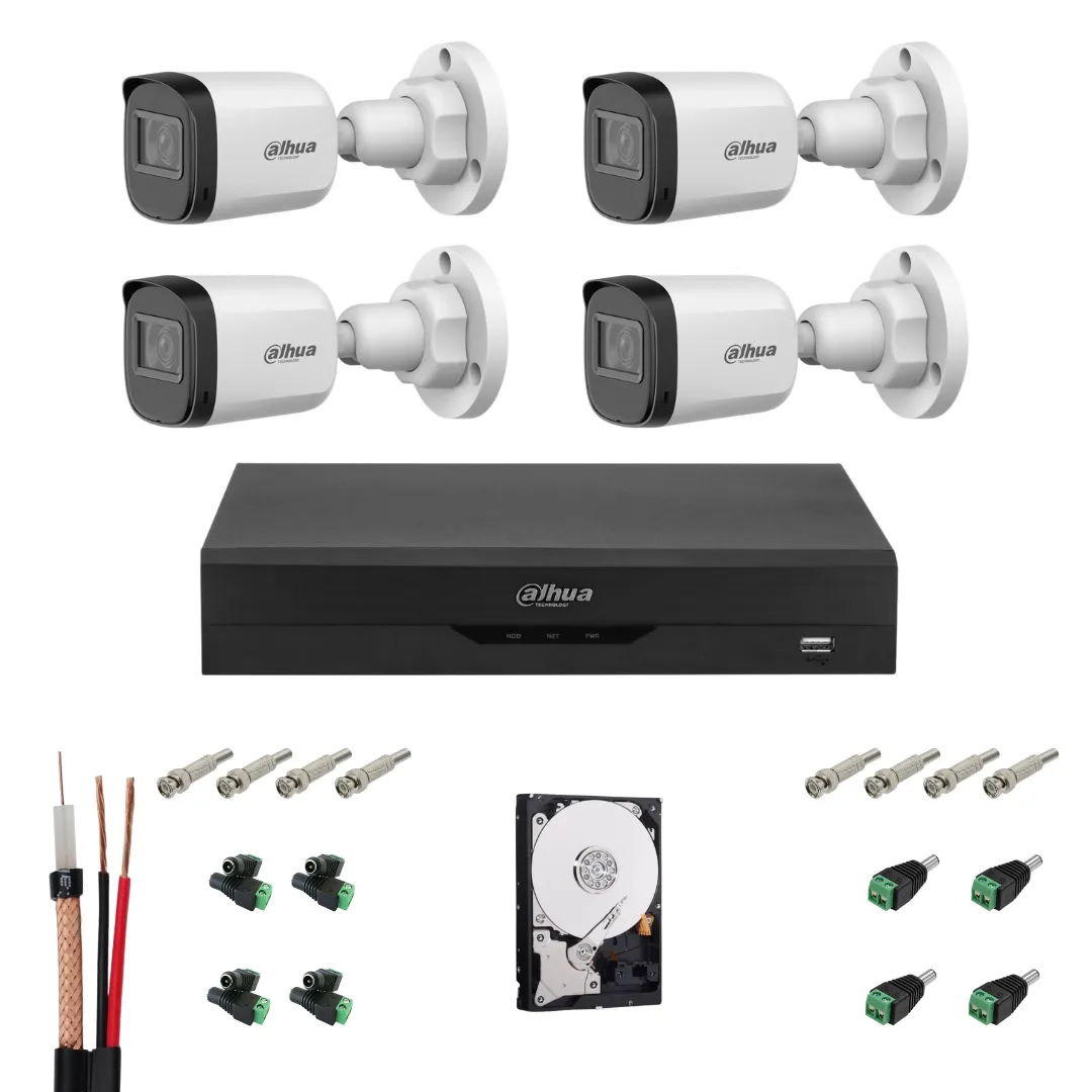 Sistem 4 camere de supraveghere exterior DAHUA 2MP, DVR Pentabrid, accesorii, HDD