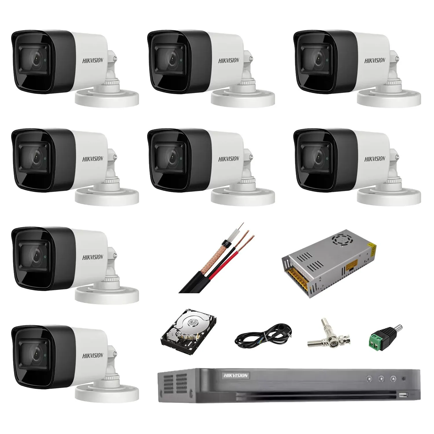 Sistem complet de supraveghere profesional Hikvision Turbo HD, inregistrare 4K / 8 Mp, 8 camere IR 30 m, HDD 2 Tb, 200 m cablu CCTV,vizualizare pe telefon