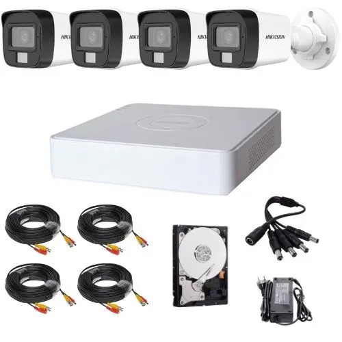Sistem de supraveghere analog Hikvision 4 camere 5MP Dual Light IR 30m Lumina Alba 20m Audio, DVR  4 canale 5MP, HDD si accesorii