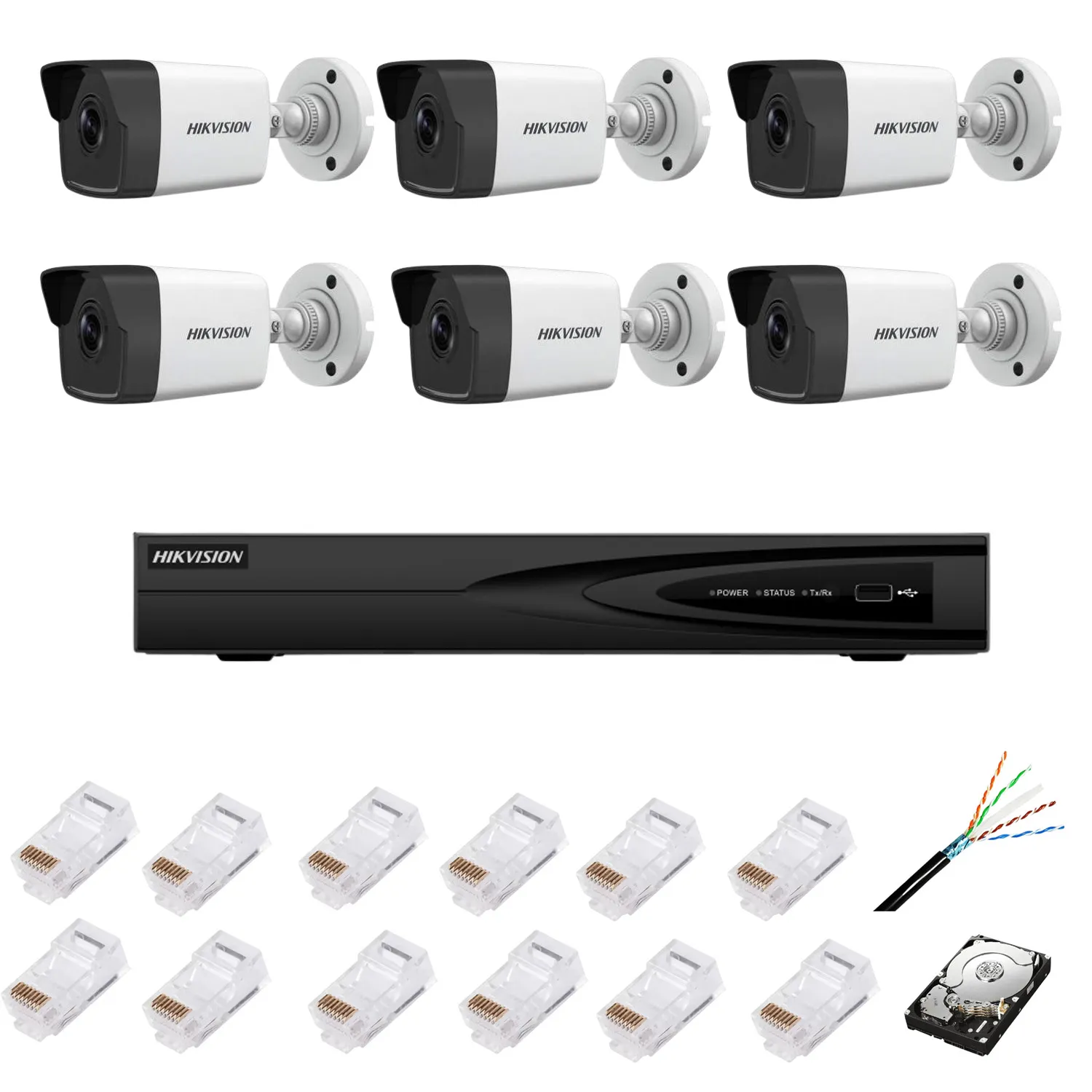 Sistem de supraveghere complet cu 6 camere IP, 4MP, lentilă 2.8mm, IR 30m, NVR cu 8 canale IP cu rezoluție 4k, accesorii