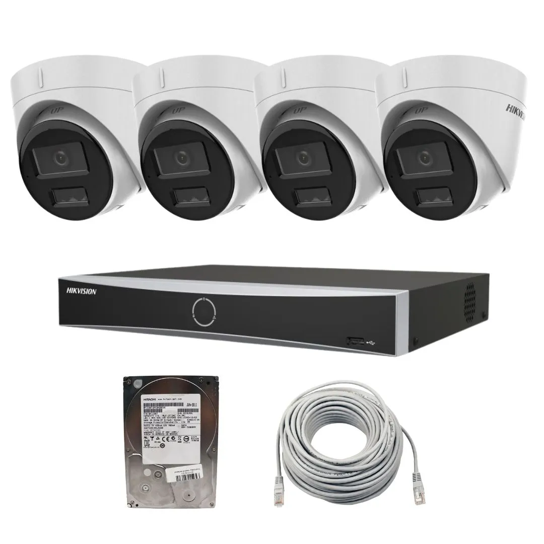 Sistem de supraveghere complet Hikvision IP ,PoE, cu 4 camere, 2MP, Dual Light, microfon, NVR 4 canale, Functii AI, AcuSense, 1x HDD 1TB si cablu UTP 20m