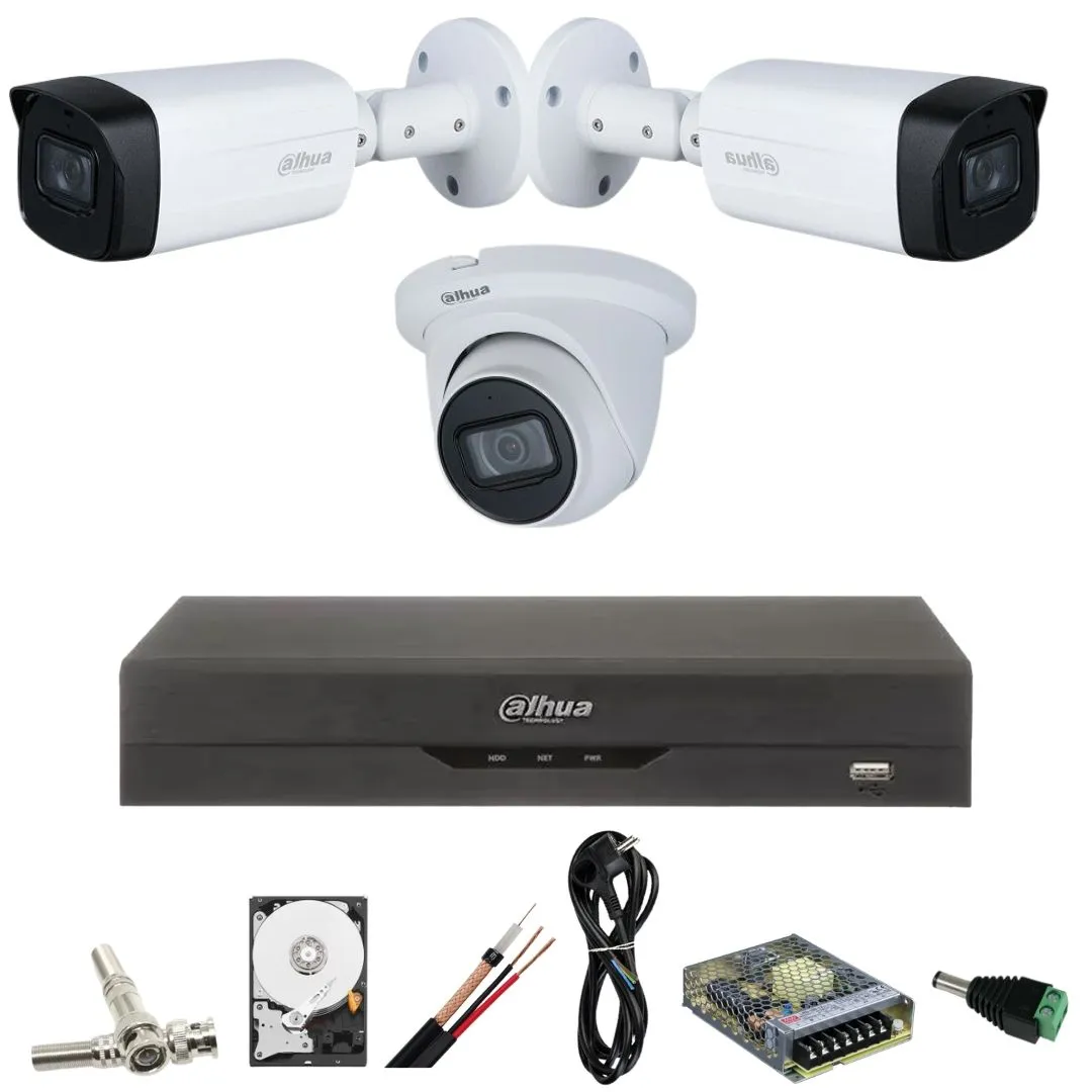 Sistem de supraveghere Dahua cu 3 camere 5MP, 2 exterior IR 80m, 1 interior,IR 30M, Starlight, DVR Dahua 4 canale, 5 MP, Hard, Accesorii incluse