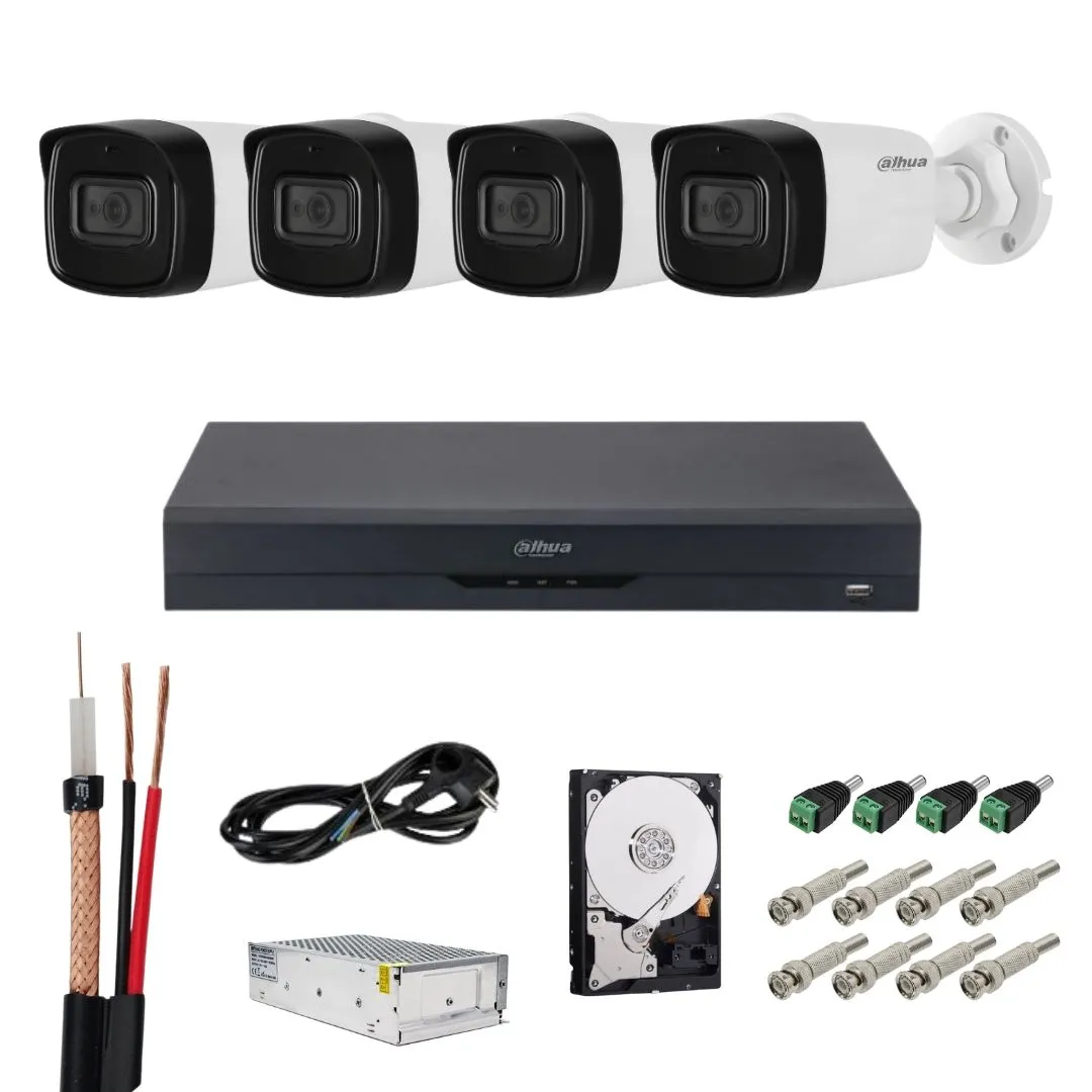 Sistem de supraveghere Dahua, Functii inteligente, 4 camere 4K 8MP, Infrarosu 80m, Microfon, DVR 4 canale, Accesorii montaj incluse