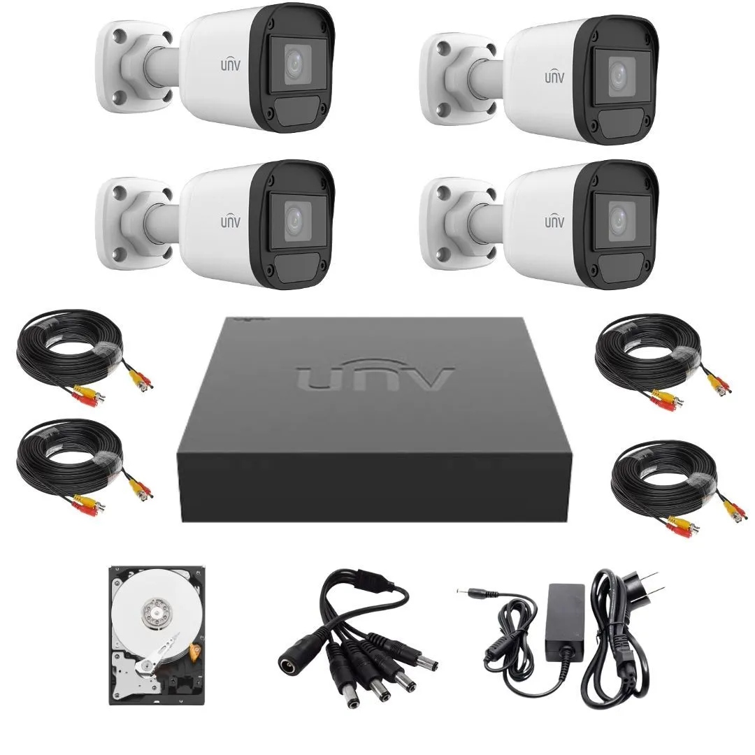 Sistem de supraveghere Uniview, 4 camere 2MP Microfon IR 20m, DVR Hibrid 4 canale 2MP, Hard 500GB, Accesorii