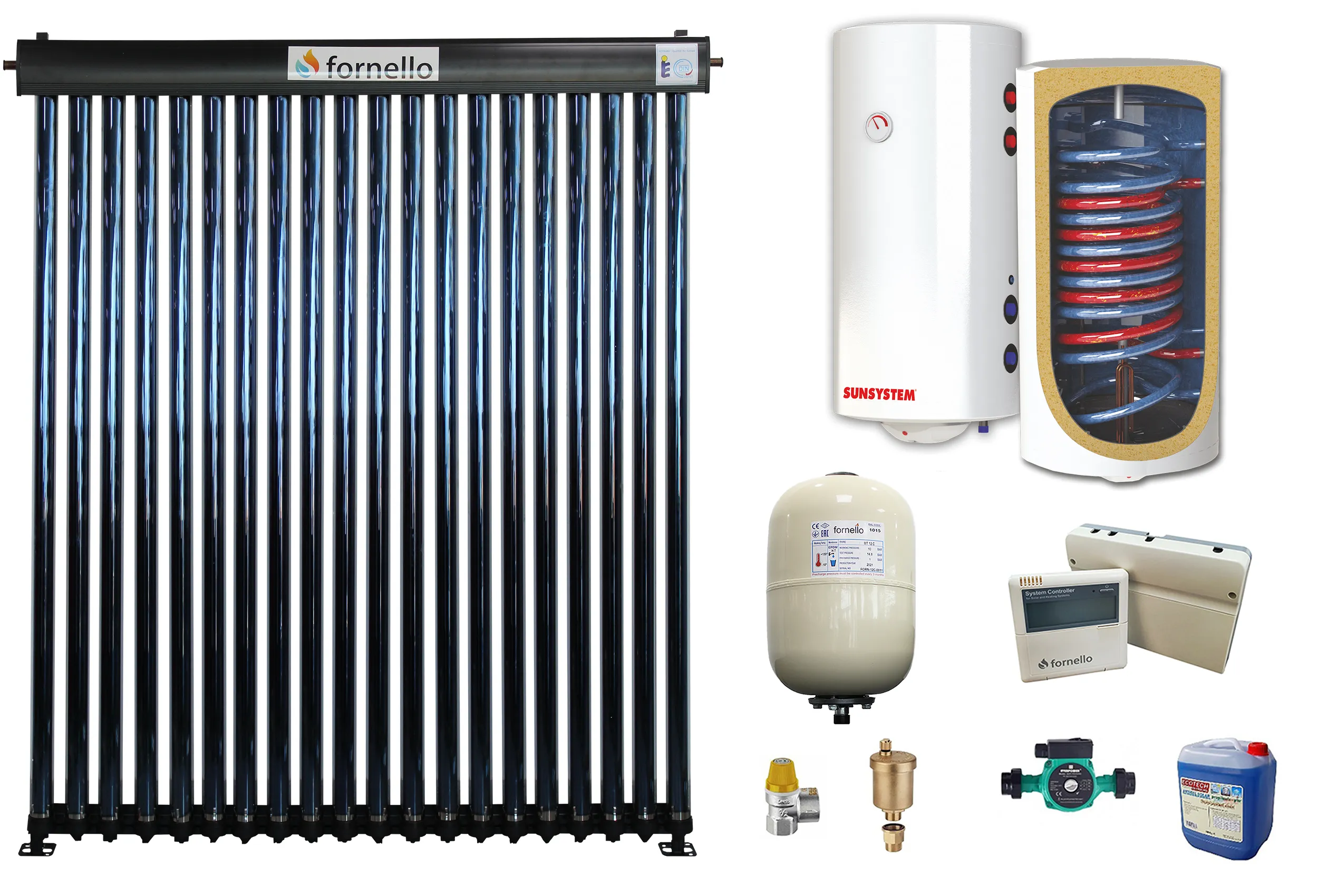 Sistem solar presurizat, panou Fornello 20 Tuburi Heat Pipe, boiler cu 2 serpentine si rezistenta electrica Sunsystem 200 litri, pompa 25-60, controller, vas expansiune, antigel, supapa 1/2, aerisitor 1/2