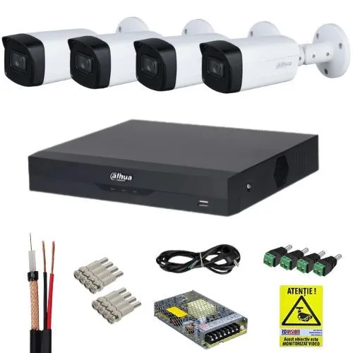 Sistem supraveghere 4K Dahua, 4 camere de exterior 4k 8MP, IR 80m, XVR 4 canale, Accesorii incluse, Autocolant Rovision