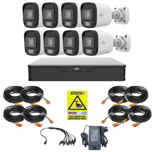 Sistem supraveghere 8 camere Uniview, 5MP, ColorHunter, 5MP 2K+, Lumina Alba 20m, Vedere color pe timp de noapte, DVR 8 canale, Accesorii montaj, Vizualizare de pe telefon